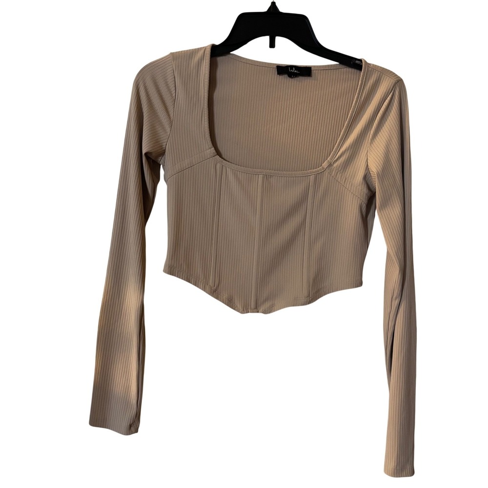 Lulus Women's Ribbed Knit Top Medium‎ Long Sleeve Corset Beige